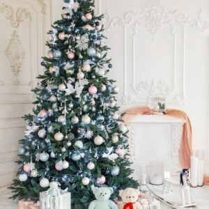 decorations of a room with a decorated christmas tree.