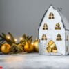 christmas background, candlestick house with lights, fir branche