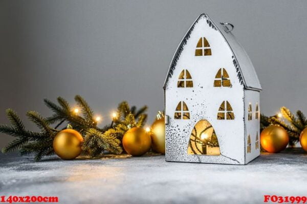 christmas background, candlestick house with lights, fir branche