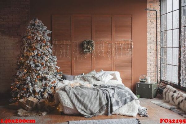 christmas design of the bedroom. still of christmass tree in the room