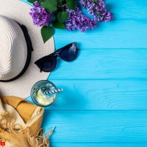 summer beach pool composition with hat sunglasses refershing drink