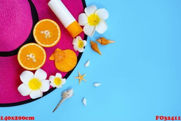 beautiful summer holiday, beach accessories, orange, hat and sun