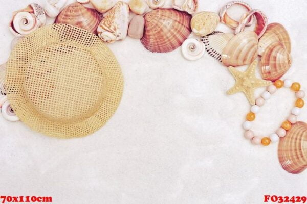 summer time concept with seashells, star, sea pebbles, straw ha