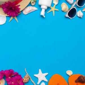 beachwear and accessories on a blue background