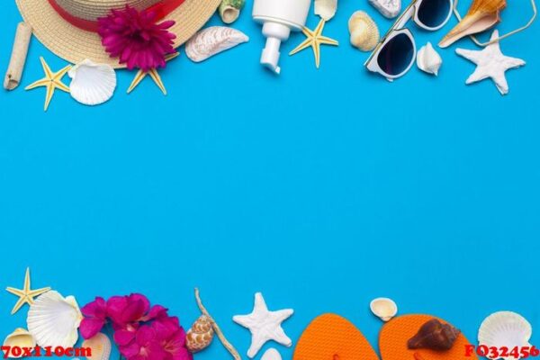 beachwear and accessories on a blue background