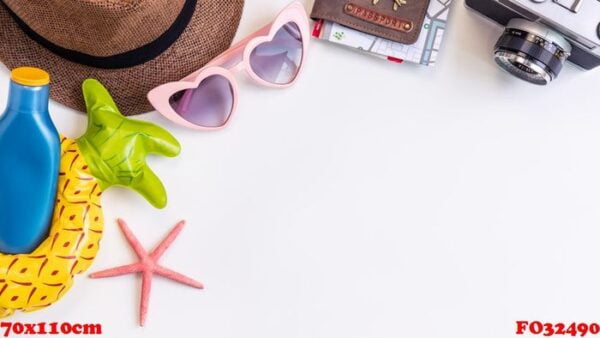 travel accessories items on white background, summer vacation concept