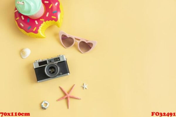 travel accessories items on color background, summer vacation concept