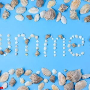 word "summer" made of seashells on blue background. copy space in minimal style, template for text. vacation concept