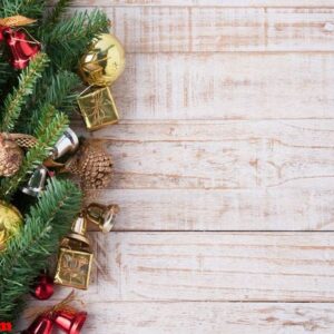 christmas decorations on vintage white wood background