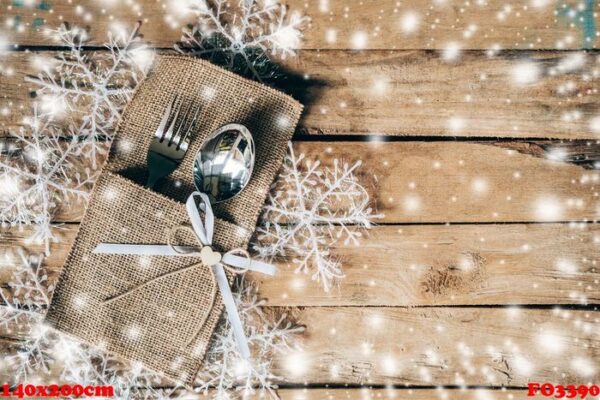 christmas table place setting and silverware, snowflakes with sn