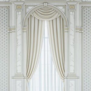 curtains in a carved niche made of wood, which is painted white in a classic style.