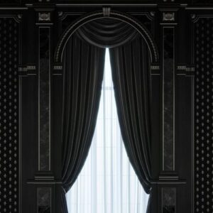 curtains in a carved niche made of wood, painted black in a classic style.