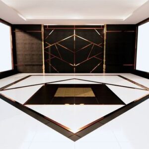 aluminum trim gold on black wall design and wooden floor.3d redn