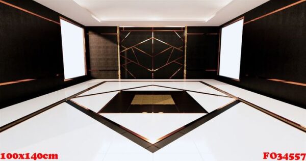 aluminum trim gold on black wall design and wooden floor.3d redn