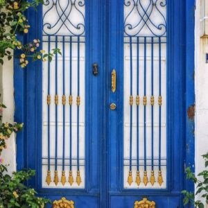 beautiful blue door with an ornament. vertical.