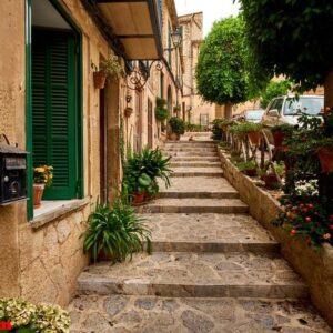 old european street decorated with fresh flowers city of valldemossa. palma de mallorca. spain.