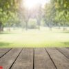 empty wooden table / floor in public park with green trees grass space for background, cover, poster, leaflet, flyer, advertising