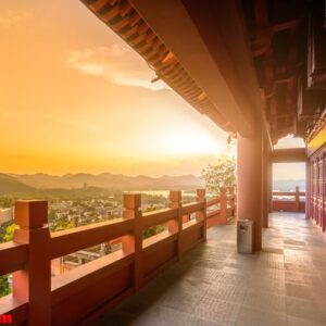 hangzhou city nightscape and ancient pavilion