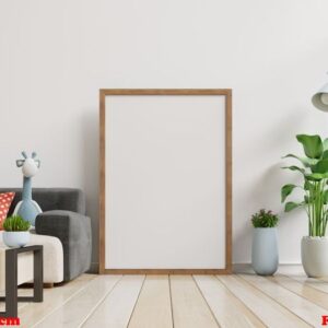 interior poster mockup with vertical empty with sofa and tree in room with white wall.