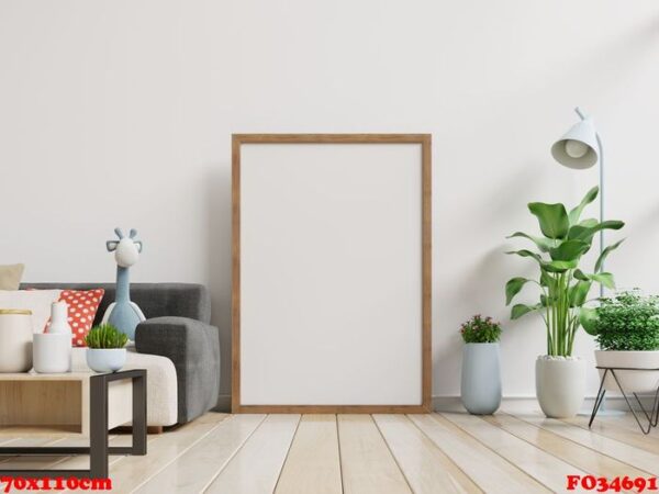 interior poster mockup with vertical empty with sofa and tree in room with white wall.