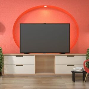 tv in japanese room with decoration on coral color self wall des