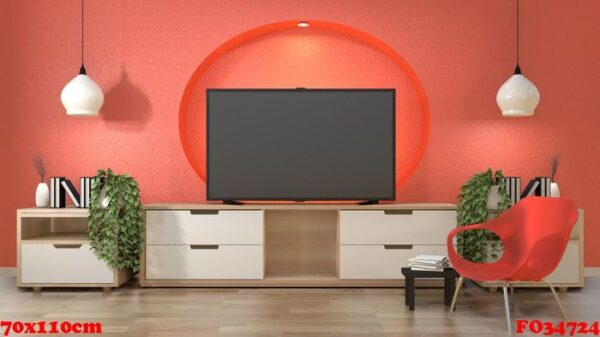 tv in japanese room with decoration on coral color self wall des