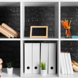 home office working space. white shelf with accessories