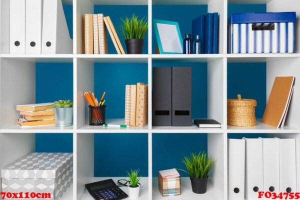 white office shelves with different stationery, close up