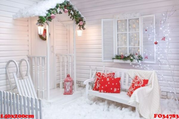 winter exterior of a country house with christmas decorations.