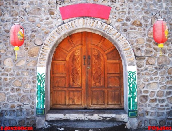 chinese wooden door style with two red lanterns.