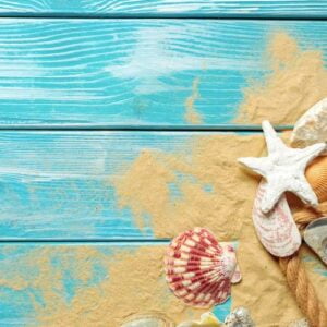 sea rope with many different sea shells on the sea sand on a blue wooden background. top view