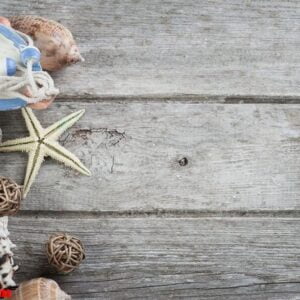 marine items on old wooden background