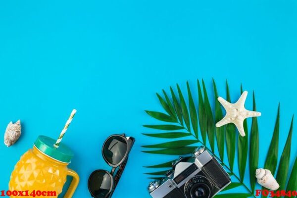 travel flat lay concept with palm leaves