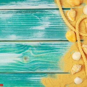 sea sand and sea shells on blue wooden floor