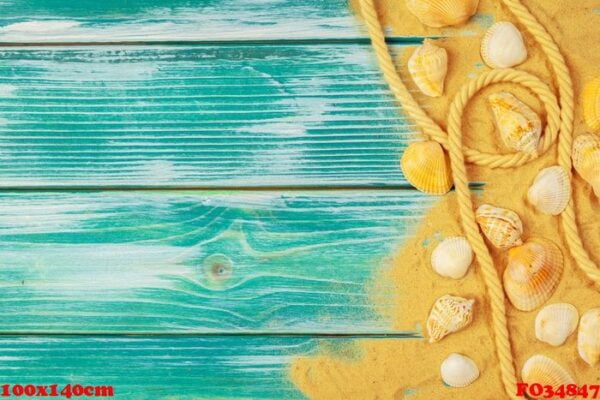 sea sand and sea shells on blue wooden floor