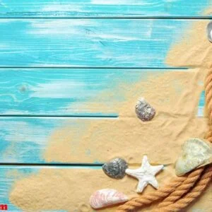 sea rope with many different sea shells on the sea sand on a blue wooden background. top view