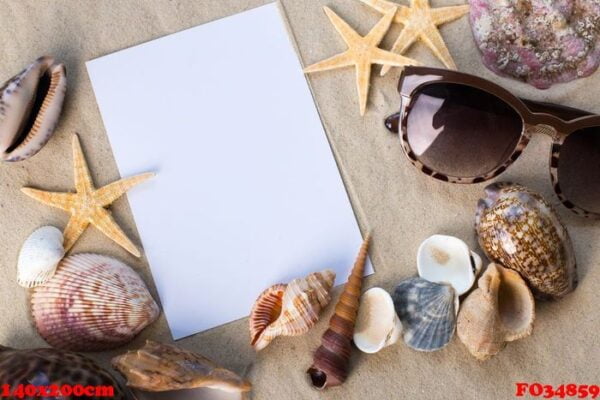 holiday beach concept with shells, seastars and an blank postcard