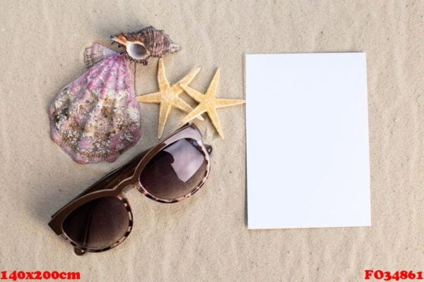 holiday beach concept with shells, seastars and an blank postcard