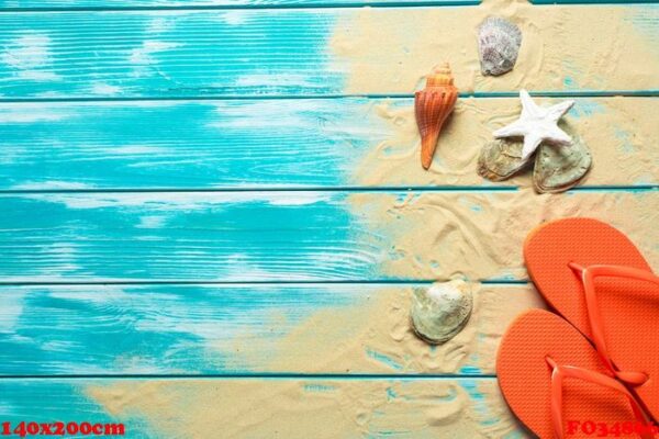 flip flops on blue wooden floor.