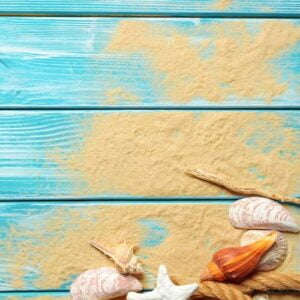 sea rope with many different sea shells on the sea sand on a blue wooden background. top view