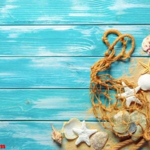 sea rope with many different sea shells on the sea sand on a blue wooden background. top view