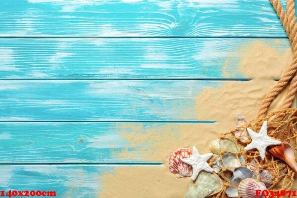 sea rope with many different sea shells on the sea sand on a blue wooden background. top view