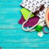 beach accessories on wooden table.