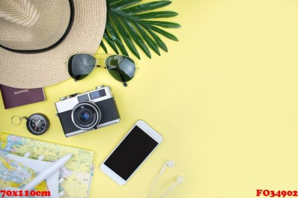 vacation with a hat, map, smartphone, film camera and sunglasses