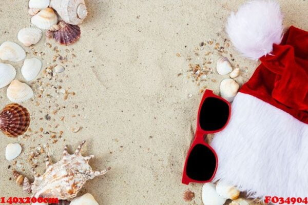 christmas hat and red sunglasses on the beach. santa hat and eyeglasses on the sand near shells. holiday. new year vacation. copy space. frame. top view.