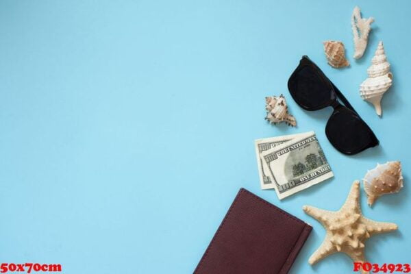 flat lay traveler accessories on blue background with sea shells, money, notepad and sunglasses. top view travel or vacation concept. summer background.