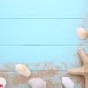 starfish and seashells with sand on a wooden background. summer concept