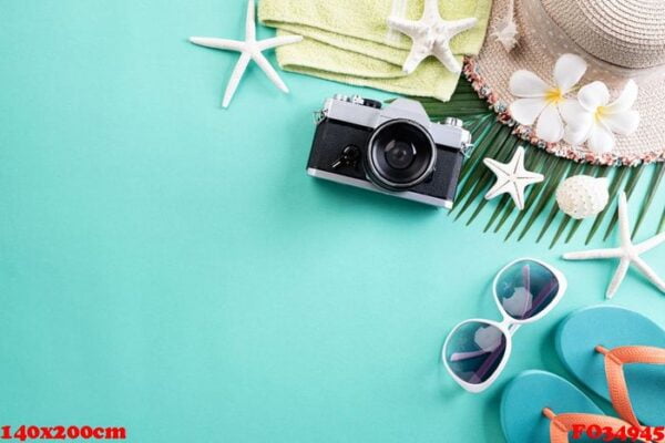 beach accessories retro film camera, sunglasses, flip flop starf