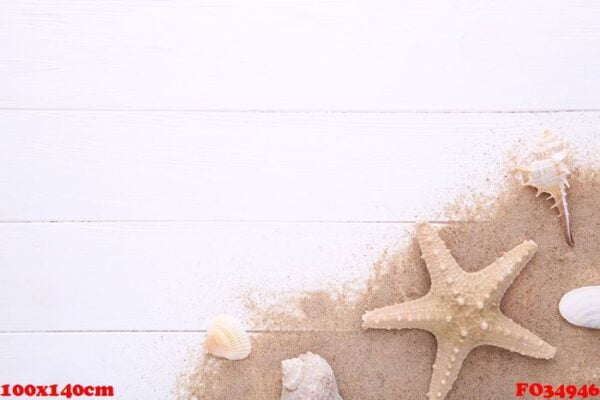 starfish and seashells with sand on a white wooden background with copy space. summer concept