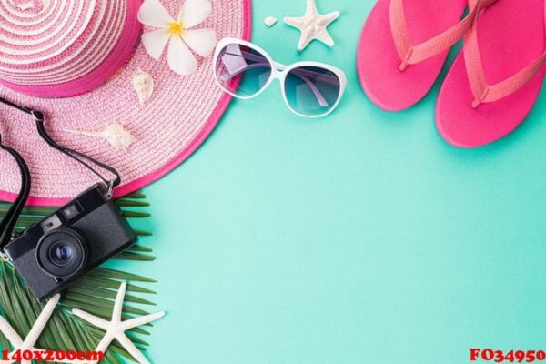 beach accessories retro film camera, sunglasses, flip flop, star